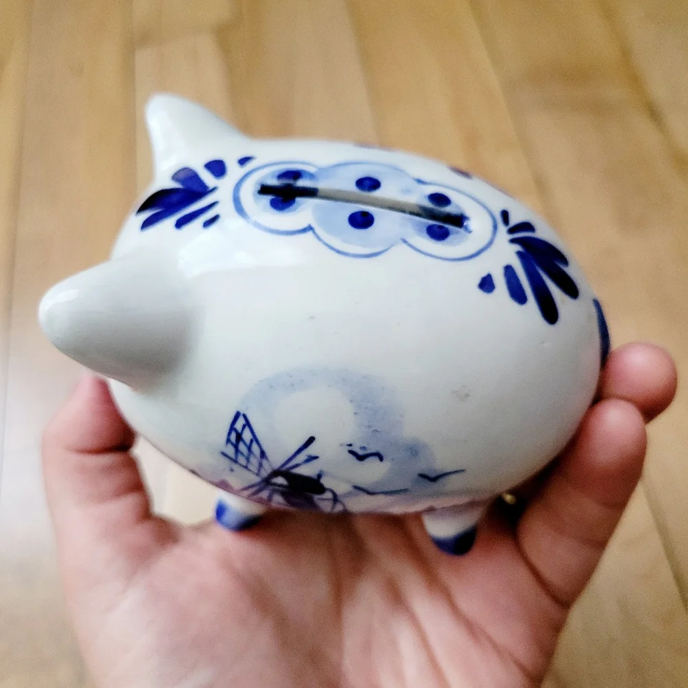 Vintage Handmade Delft Pottery Small Floral & Nautical Ship Dutch Piggy Bank